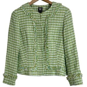 Worth Green Blue Boucle Tweed Fringe Detail Designer Blazer Jacket size 8